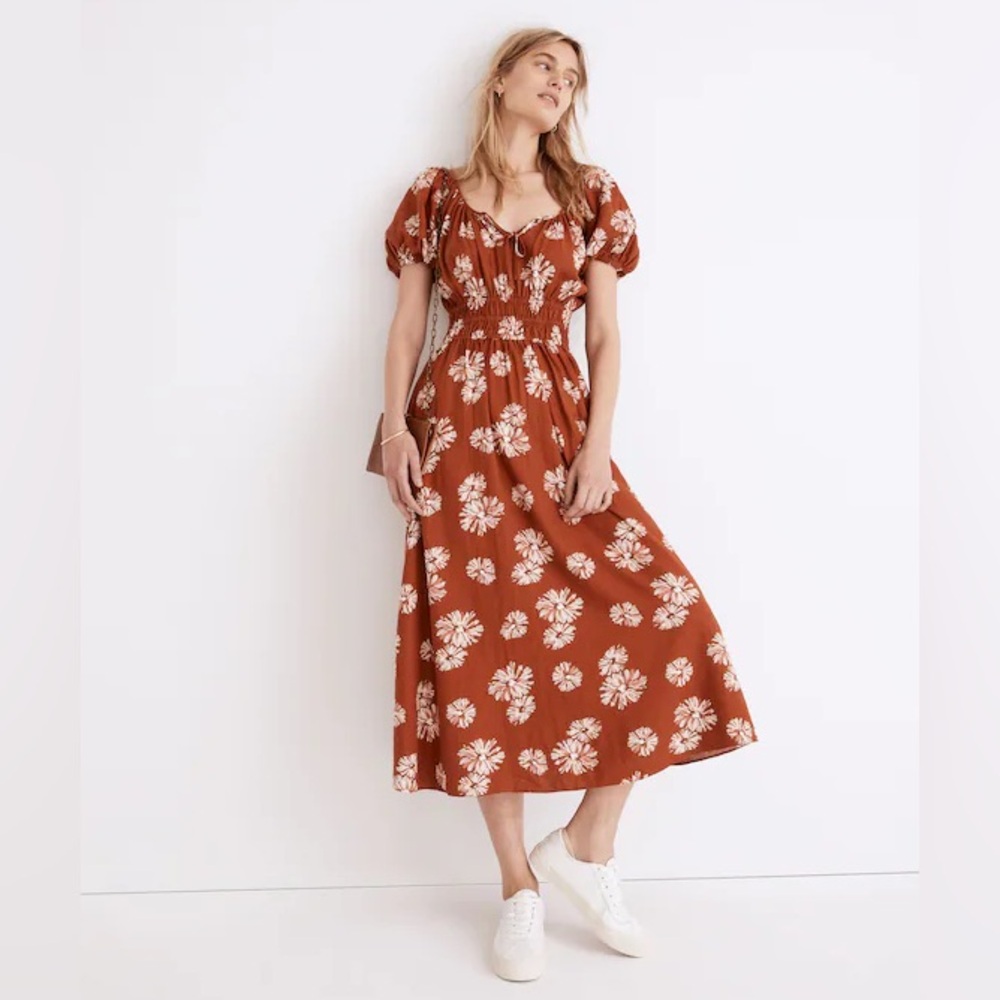 Madewell Linen-Blend Sophia Midi Dress,Rusty Torch,xxl